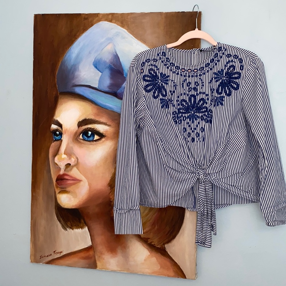 Zara NWOT Size Small Front Tie Embroidered Blue and White Stripe Blouse